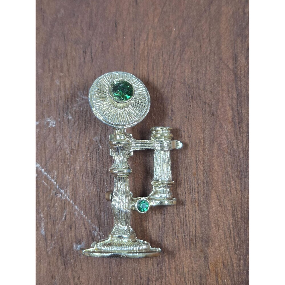 Vintage Gerrys Candlestick Telephone Brooch Gold Tone & Green Rhinestone Signed